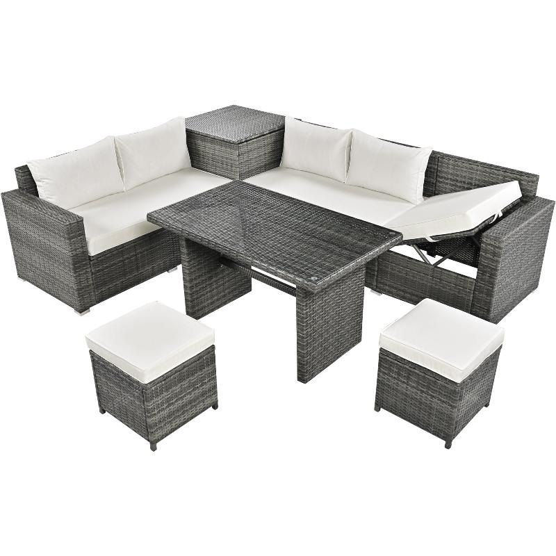 Outdoor 6-Piece PE Rattan Tempered Glass Table